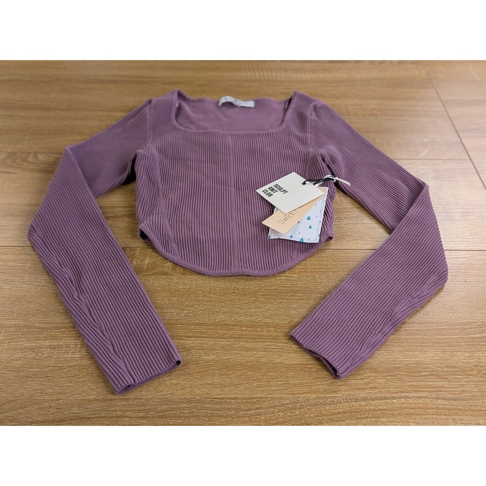 NEW Sweet Rain Sculpt Knit Club Ribbed Crop Top Square Neck Corset Mauve Small